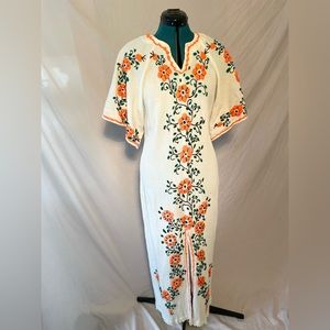 Medium White 70s dress with orange embroidered flowers